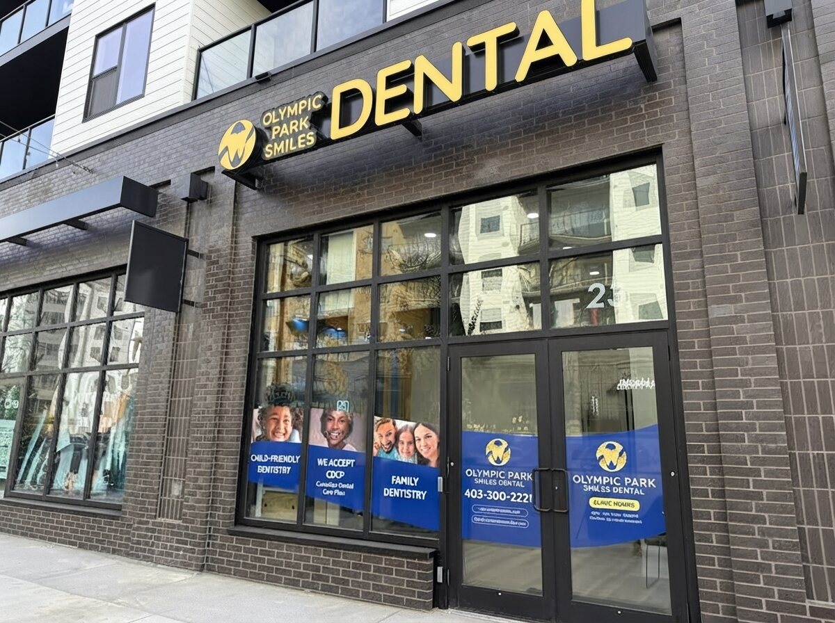 Olympic Park Smiles Dental storefront at 23 Canada Olympic Common SW in Calgary