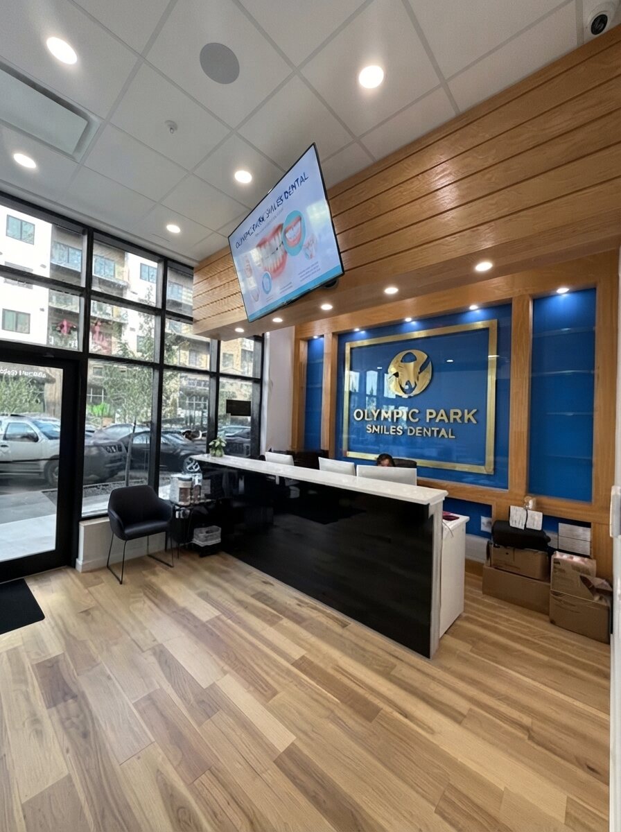 Bright waiting area and front desk inside Olympic Park Smiles Dental