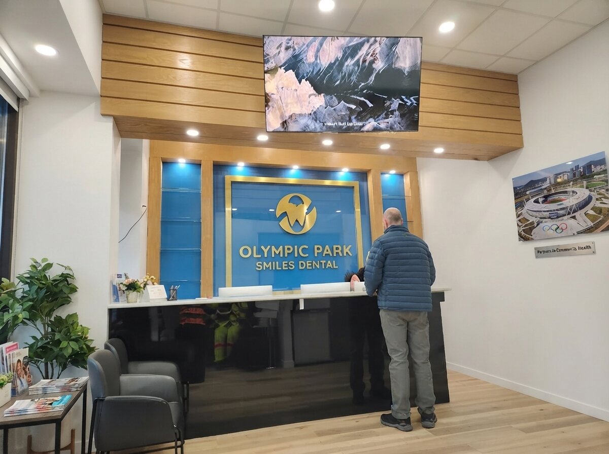 Patient being welcomed at the Olympic Park Smiles Dental reception desk
